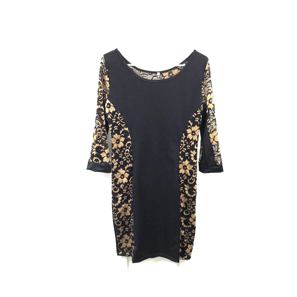 Black and Gold Lace-Paneled Party Dress